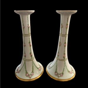 Antique English Minton Porcelain Candlestick Candle Holders w/ Painted Flowers 2